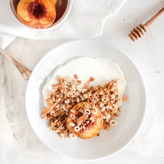 Roasted Peaches Granola Yogurt Bowl