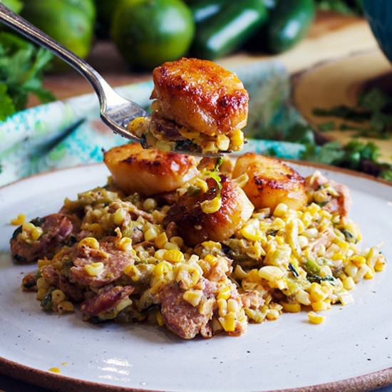 Scallops with Chorizo and Corn