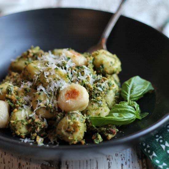 Roasted gnocchi with almond pesto