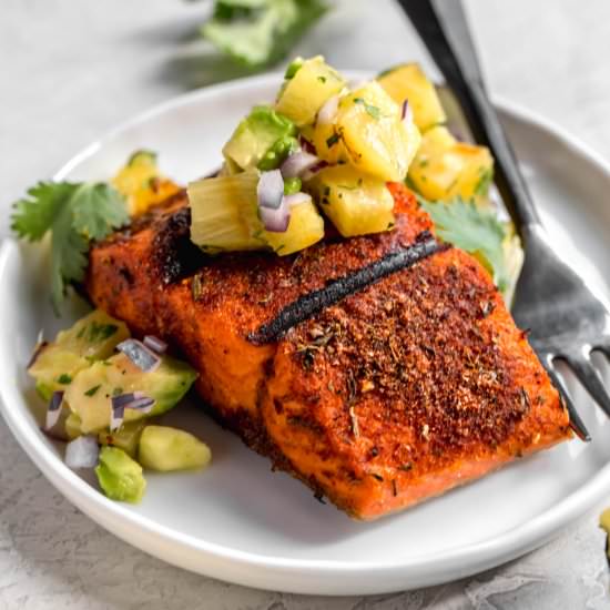 salmon with pineapple-avocado salsa