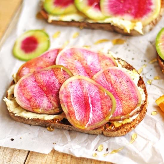 Watermelon radish toast with honey