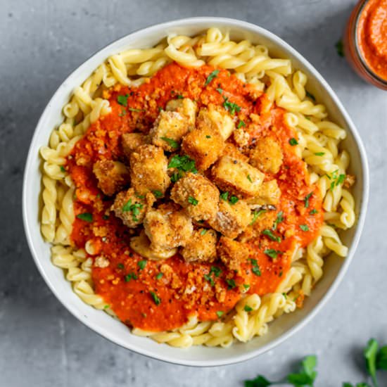 pasta romesco w/ crispy baked tofu