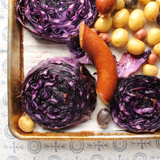 Roasted sausage and purple cabbage