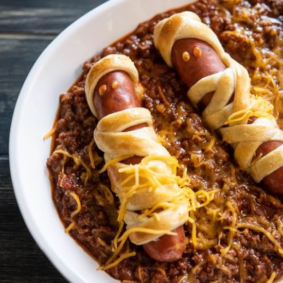 Chili Cheese Mummy Hot Dogs