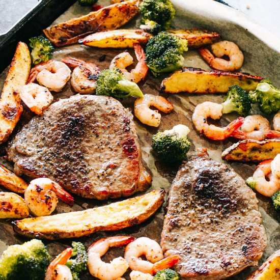 Sheet Pan Steak and Shrimp Dinner