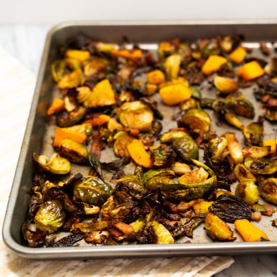 Crispy brussels with squash & bacon