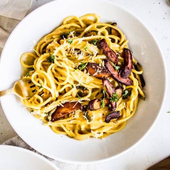 Pumpkin Carbonara w/ Shiitake Bacon