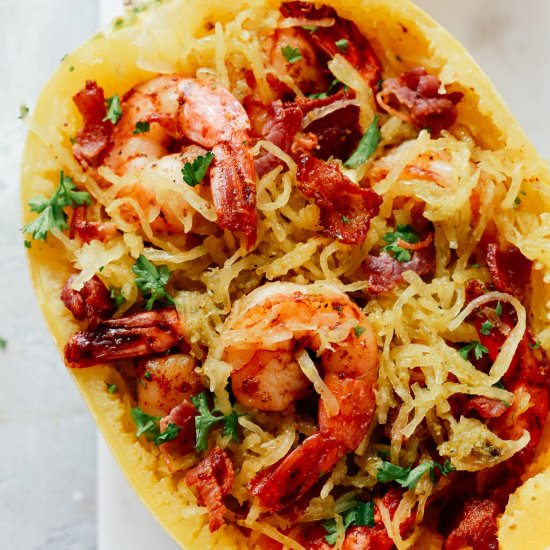 Pesto Spaghetti Squash with Shrimp