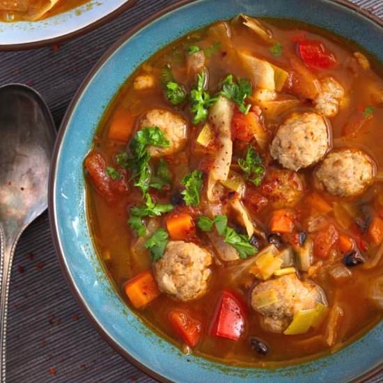 Meatball Soup with Cabbage, Beans