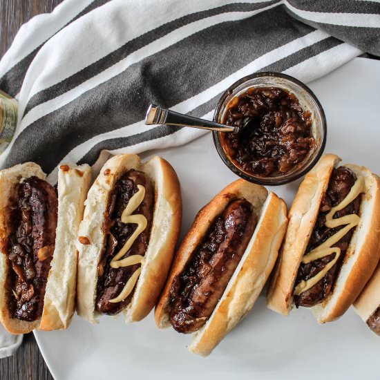 braised bratwursts with onion jam