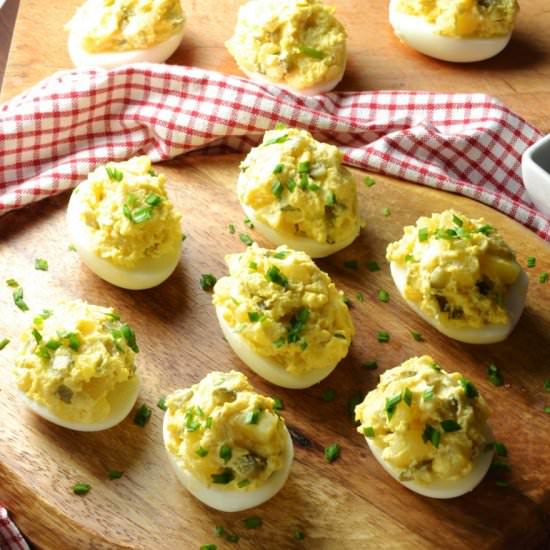 Potato Salad Deviled Eggs (No Mayo)