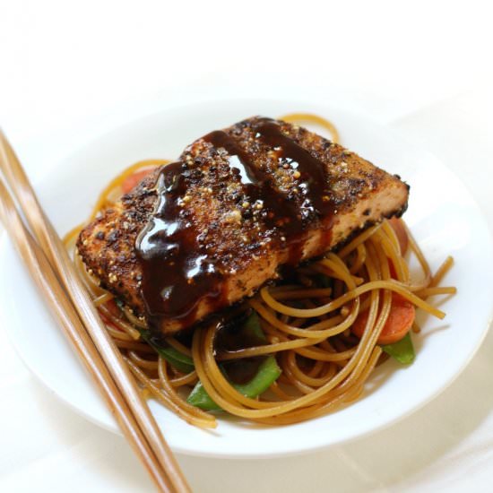 Salmon Sticky Garlic Noodles