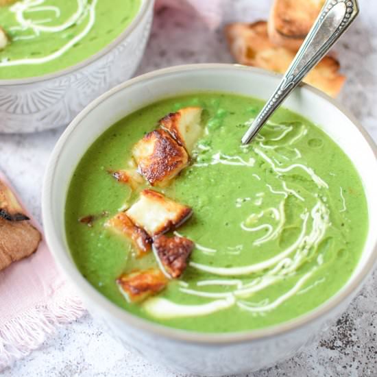 Pea and Mint Soup with Halloumi