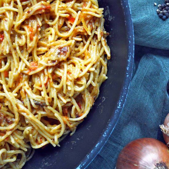 Fried Spaghetti with Cheddar