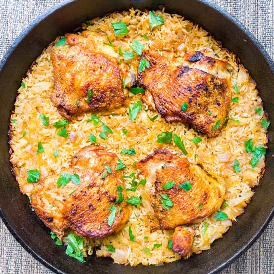 Crispy Chicken Thighs with Rice