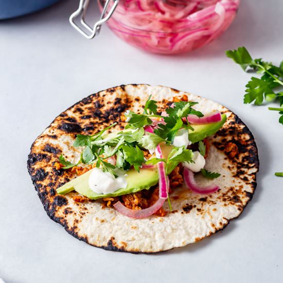 Salmon Tacos with Pickled Red Onion