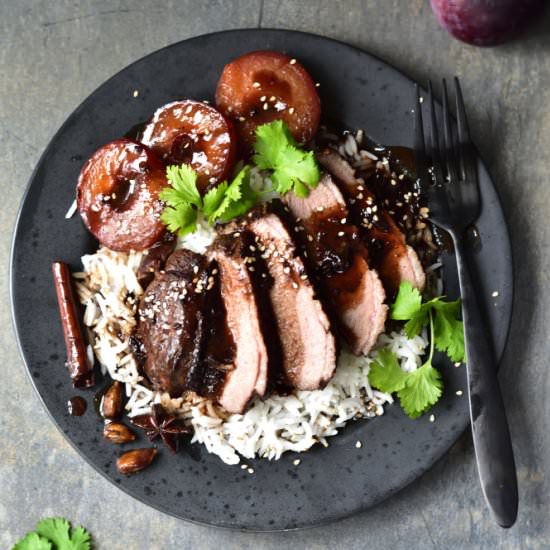 Slow-roasted duck breast with plum