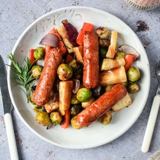 vegan veg and sausage traybake