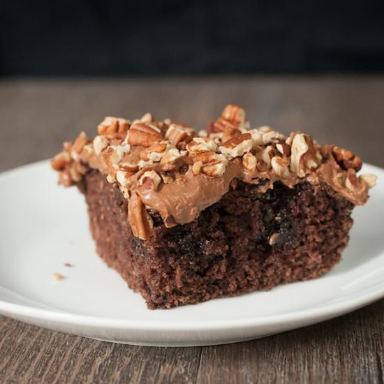 Vegan Chocolate Turtle Poke Cake