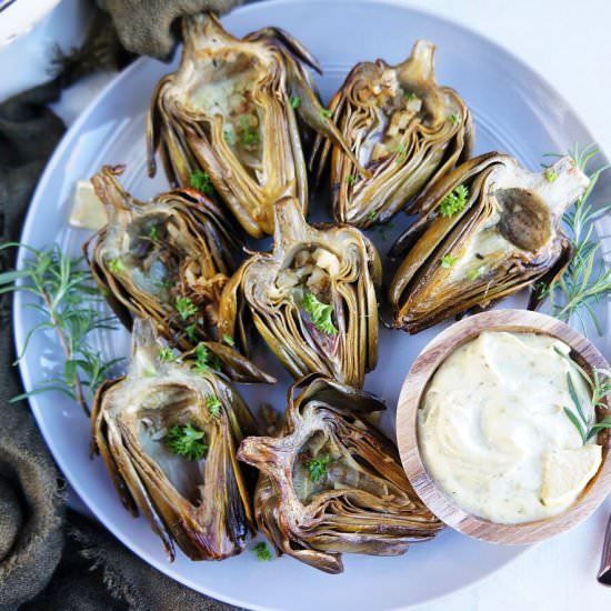 Roasted Artichokes with Pesto Aioli