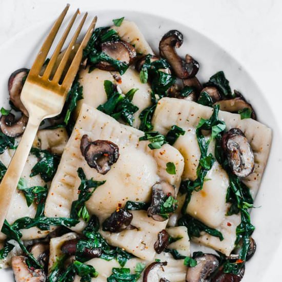 Tofu Ricotta Ravioli with Mushrooms