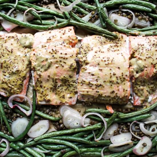 Roasted salmon, lentils, and beans