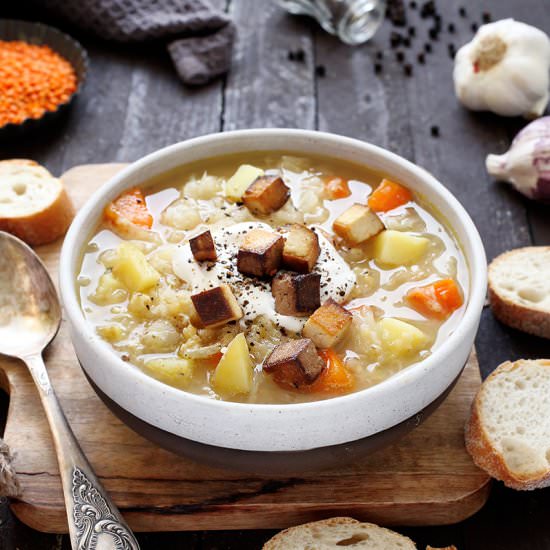 Sauerkraut Soup with Smoked Tofu