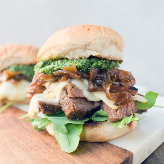 Ribeye sandwich with jalapeno pesto