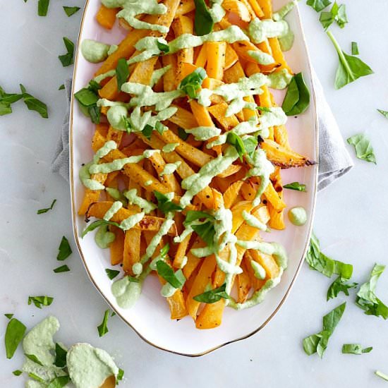 Baked Rutabaga Fries & Cashew Cream