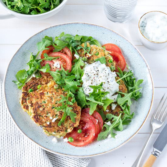 Zucchini, Pea and Feta Fritters