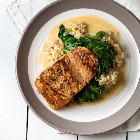 Seared Salmon on Coconut Spinach