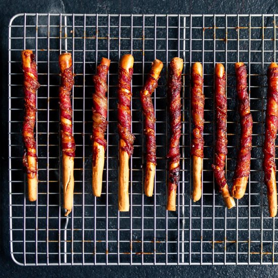 Bacon Wrapped Maple Grissinis