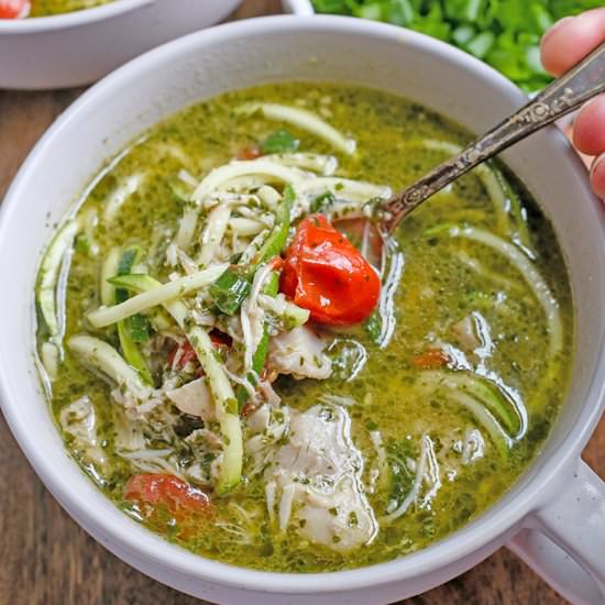 Paleo Pesto Chicken Zoodle Soup