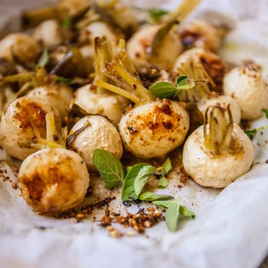 Baby turnip with mustard and herbs