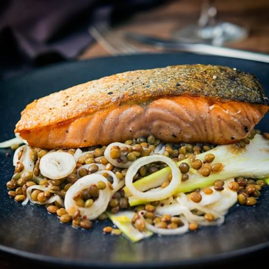 Salmon With lentils & pickle fennel