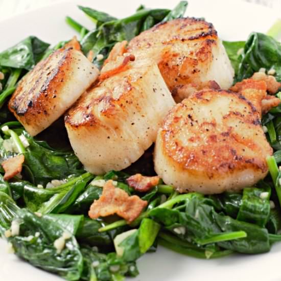 Seared Scallops with Spinach and Bacon