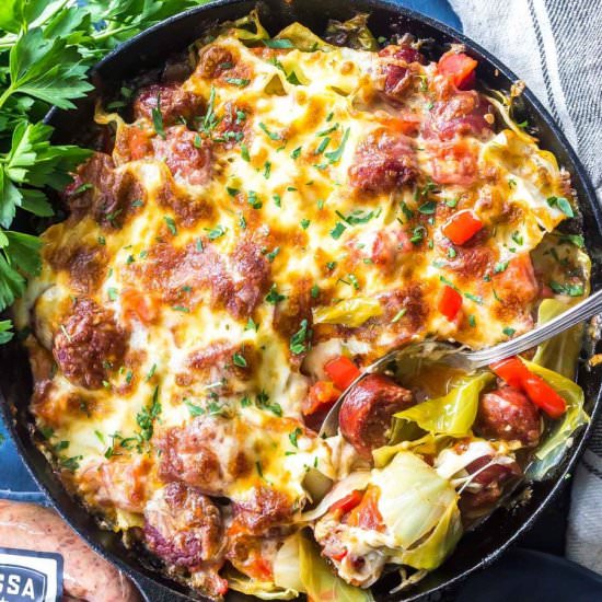 Keto Cheesy Cabbage Sausage Skillet