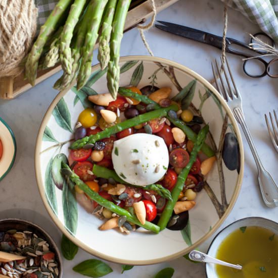 TOMATOES, BURRATA AND ASPARAGUS SALAD