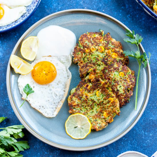 Cheesy zucchini and corn fritters