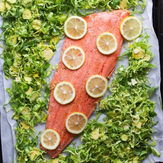 Sheetpan Salmon + Brussels Sprouts
