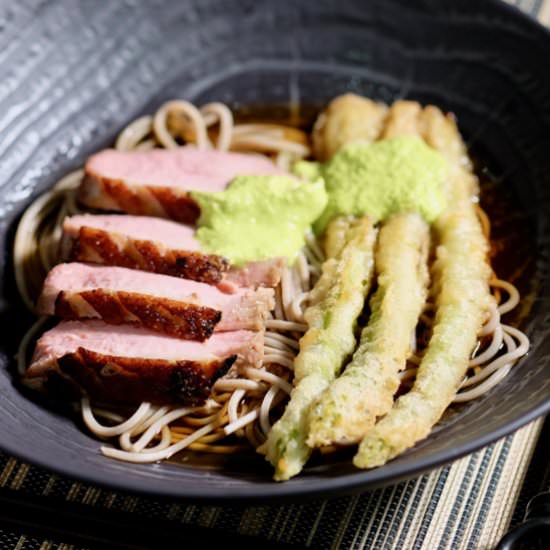 Duck and tempura on soba noodles