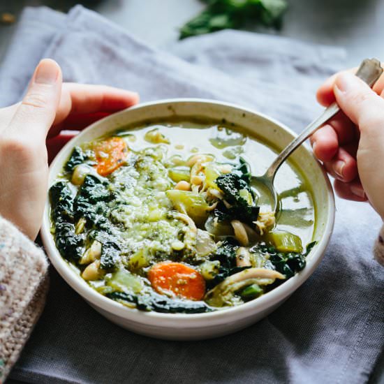 Pesto Chicken Kale White Bean Soup