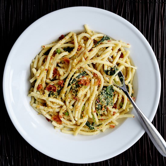 Bucatini with Peas, Kale + Pancetta