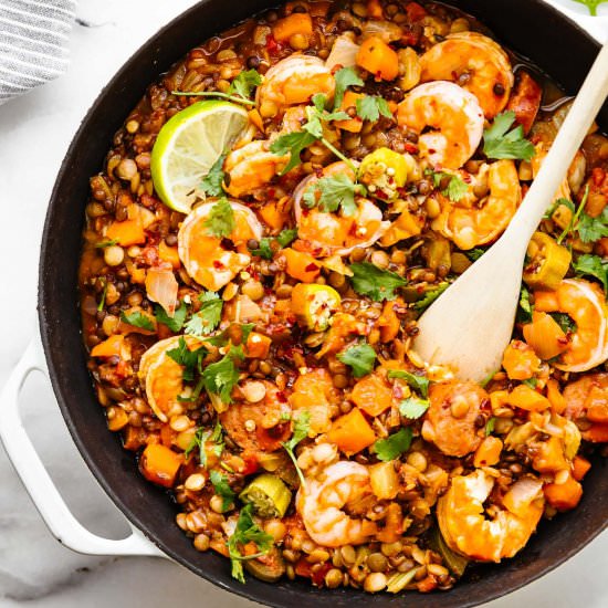 One Pot Lentil Shrimp Jambalaya