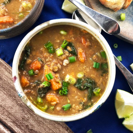 Red Lentil Farro Sweet Potato Soup
