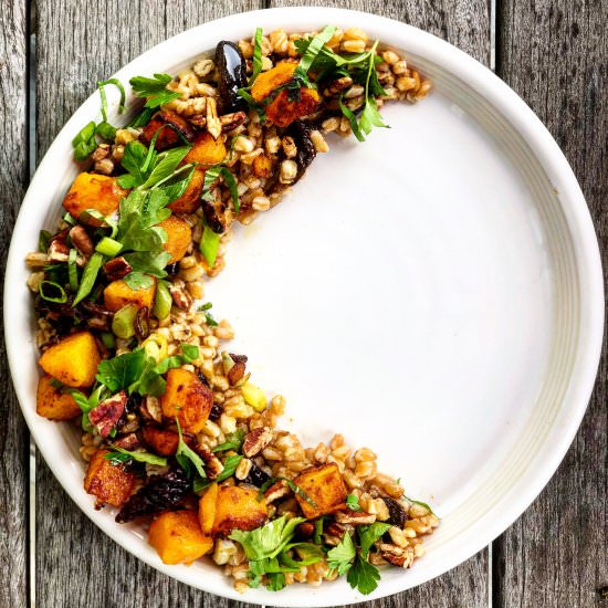 farro with prunes, squash & pecans