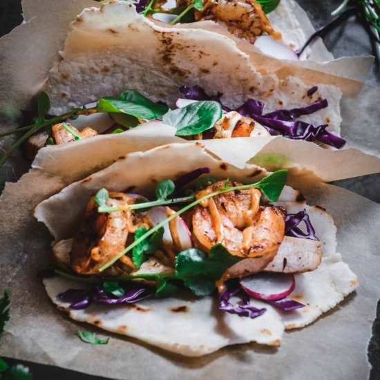 paleo jerk chicken and shrimp tacos
