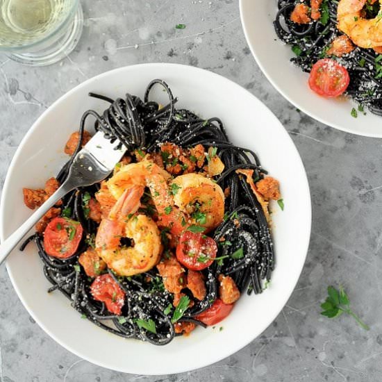 pasta with shrimps and chorizo