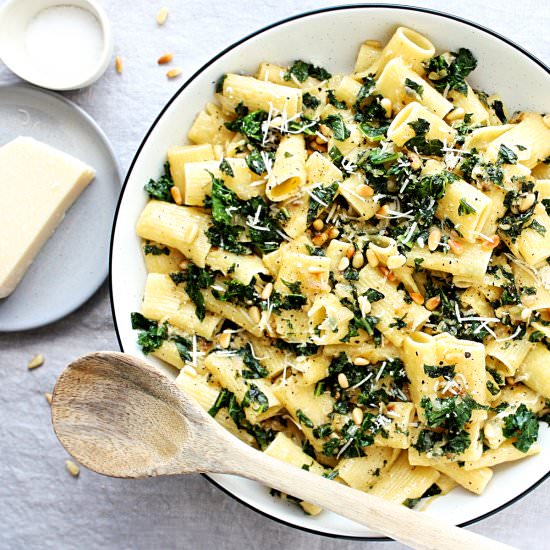 Lemony Rigatoni Kale and Shallots