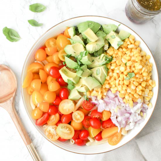 Tomato Corn Avocado Pasta Salad